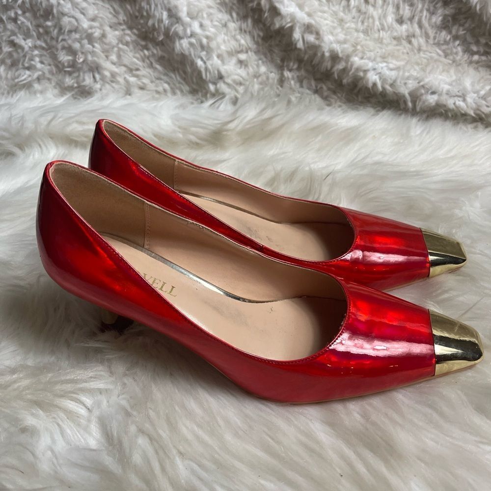 Red Patent Kitten Heel Pumps with Gold Toe Cap
